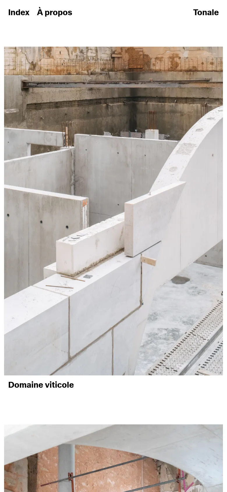 The mobile version maintains the minimalist aesthetic but uses a vertical layout, placing the navigation links 'Index' and 'À propos' at the top left and the brand name 'Tonale' at the top right. The large concrete construction hero image dominates the upper screen, with the project title 'Domaine viticole' positioned directly below it.
