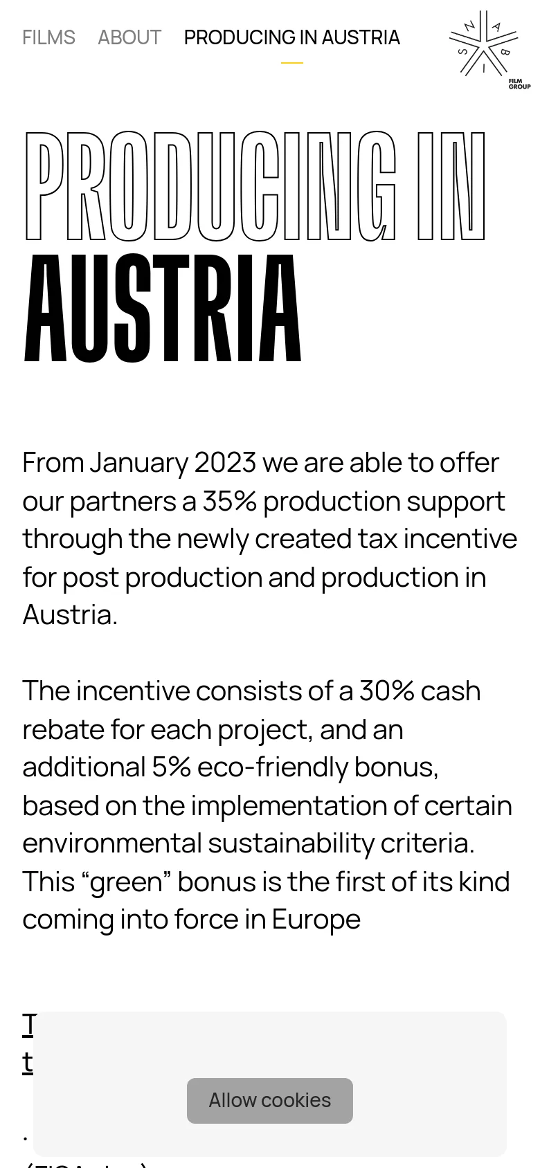 Mobile version of the page with a vertical layout and a simplified view. The large 'PRODUCING IN AUSTRIA' headline dominates the top of the screen, followed by the informational text about production support and tax incentives. A cookie consent banner with an 'Allow cookies' button is visible at the bottom of the viewport.