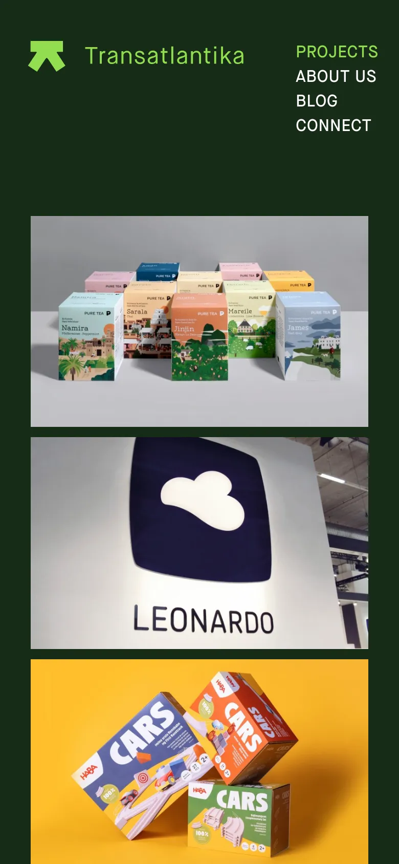 The mobile version maintains the dark green theme but shifts the navigation menu into a vertical list below the Transatlantika logo. The project portfolio follows a single-column vertical scroll, displaying large, full-width imagery for each project to ensure clarity on smaller screens.