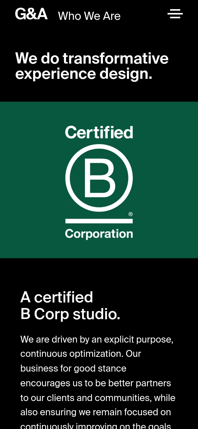 The mobile version maintains the high-contrast black and green color scheme but uses a stacked vertical layout. The large headline is centered at the top, followed by the B Corp certification section, optimized for a narrow screen width.