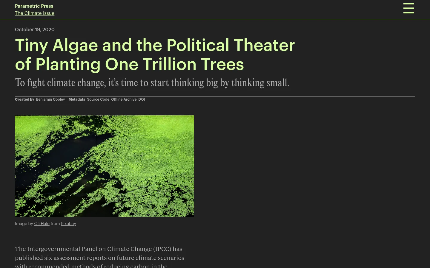 A dark-themed article page for Parametric Press featuring a large white headline about algae and tree planting. Below the headline, a wide aerial photograph shows vibrant green algae spreading across a dark body of water. The layout is clean with minimal text, including author credits and metadata links, set against a black background.
