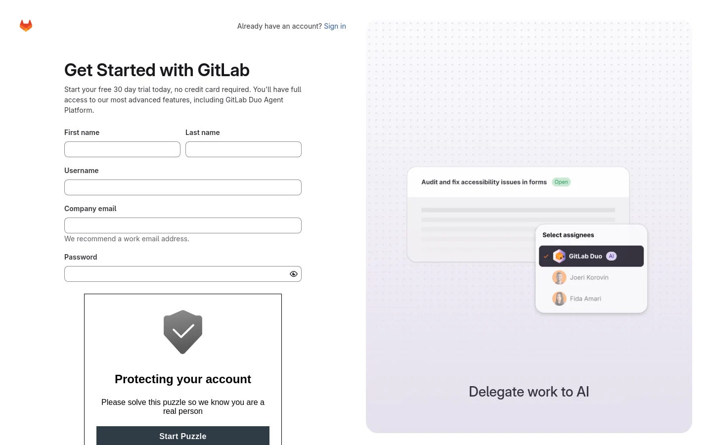 Desktop view of the GitLab registration page featuring a two-column layout. The left side contains a sign-up form with fields for name, username, email, and password, alongside a security puzzle section. The right side displays a large, light purple graphic with a UI mockup illustrating the 'Delegate work to AI' feature.