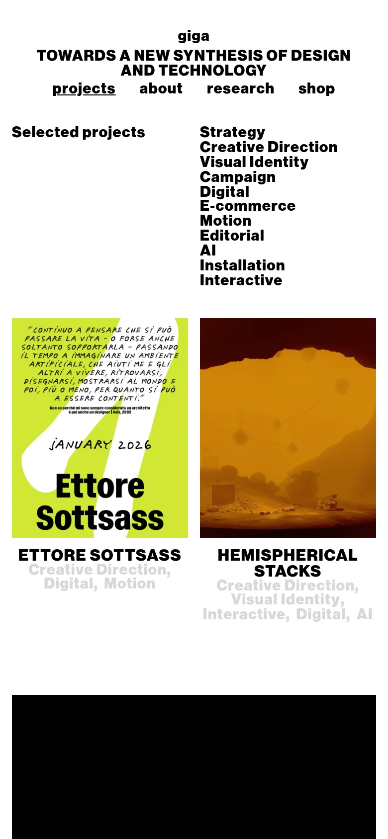 The mobile version maintains the black and white minimalist aesthetic but transitions to a single-column vertical layout. The project grid is simplified, displaying large, full-width images for each project followed by their titles and service categories to optimize for vertical scrolling.