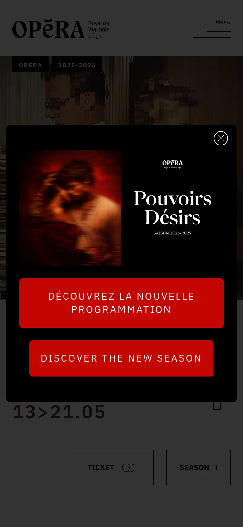 The mobile version presents a vertically stacked layout with a large promotional modal covering most of the screen, featuring red buttons for 'Discover the new season'. The top navigation is condensed into a 'Menu' hamburger icon, and the main event details and ticket buttons are scaled to fit the narrower viewport.