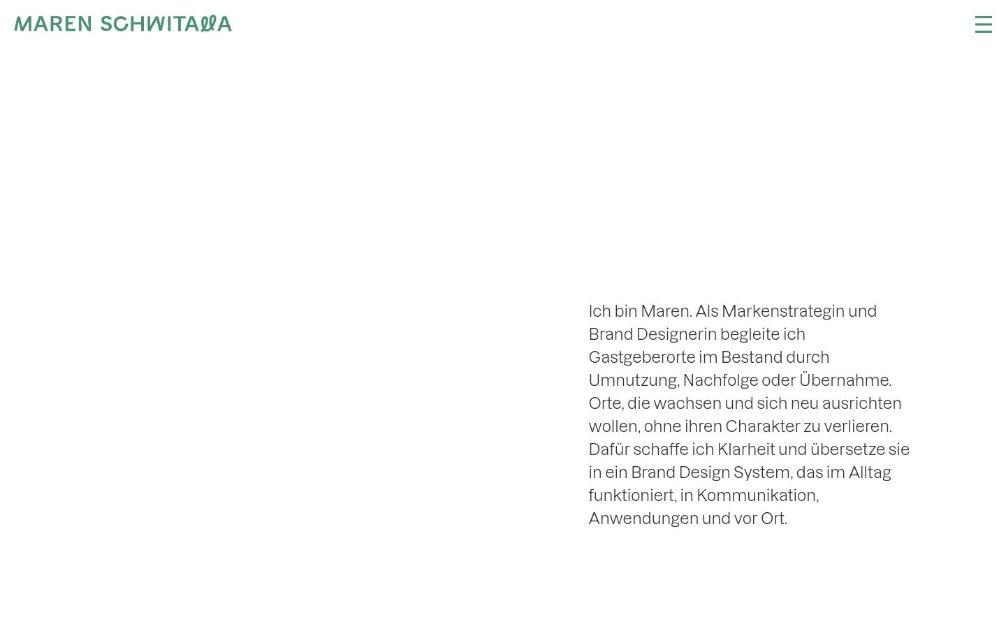 The desktop About page features a minimalist design with a white background and green typography. A large hero image shows a woman sitting in a vehicle, followed by a text section on the right and a large landscape photo of a van with an awning below it.