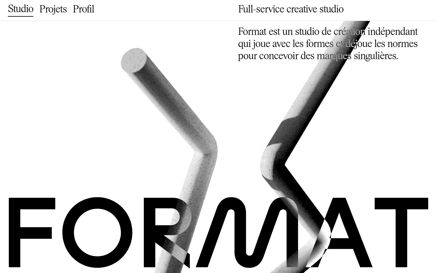 The desktop homepage features a minimalist white background with large black typography. A hero section displays the bold 'FORMAT' logo overlaid with a large, abstract grey geometric shape, accompanied by the headline 'Full-service creative studio' and a descriptive paragraph in French. Navigation links for Studio, Projets, and Profil are at the top left, and a 'Last Projects' section follows with a list of project names and numbers.