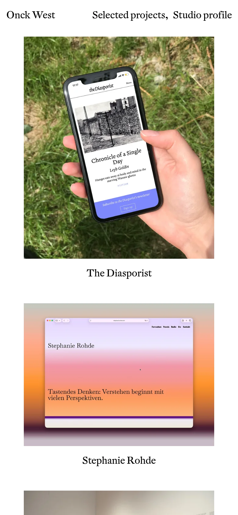 The mobile version presents the project archive in a single-column vertical stack, making the images and their corresponding titles full-width. The layout is simplified for vertical scrolling, maintaining the minimalist aesthetic and serif typography seen on the desktop version.