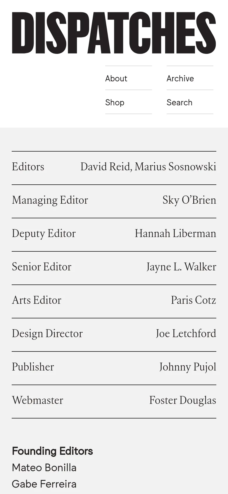 The mobile version maintains the high-contrast black and white theme but rearranges the layout for a vertical scroll. The large 'DISPATCHES' logo spans the top, followed by a stacked navigation menu, and the editorial list is presented as a single-column list of roles and names.