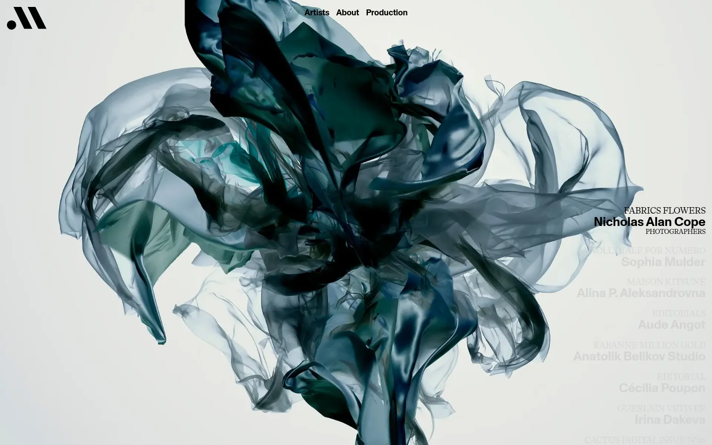 The desktop homepage features a minimalist design with a large, ethereal hero image of flowing, translucent dark fabric against an off-white background. A navigation menu with links for Artists, About, and Production is at the top right, and a list of project titles, artist names, and categories is layered over the right side of the image.