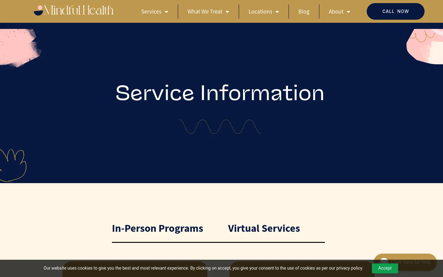 The desktop version features a dark navy hero section with the headline 'Service Information' and abstract gold wavy lines. A white navigation bar at the top includes the Mindful Health logo, several dropdown menus for services and treatments, and a dark blue 'CALL NOW' button. Below the hero, a light cream section displays headings for 'In-Person Programs' and 'Virtual Services'.
