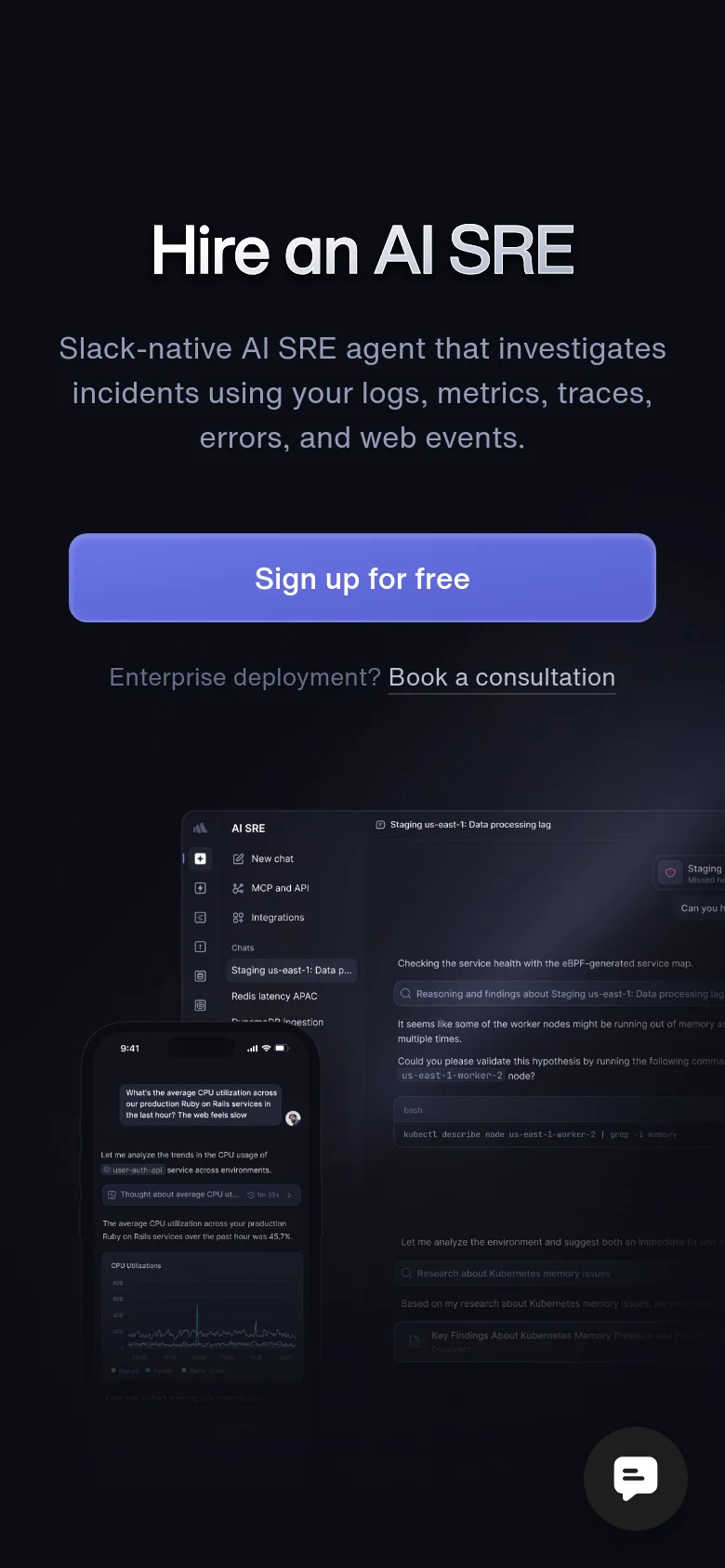 The mobile version presents a vertically stacked layout on a dark background, focusing on the large white headline and subheadline. The 'Sign up for free' button is centered and spans most of the width, followed by the enterprise consultation link. The complex background interface windows from the desktop version are removed to prioritize readability and a single-column flow.