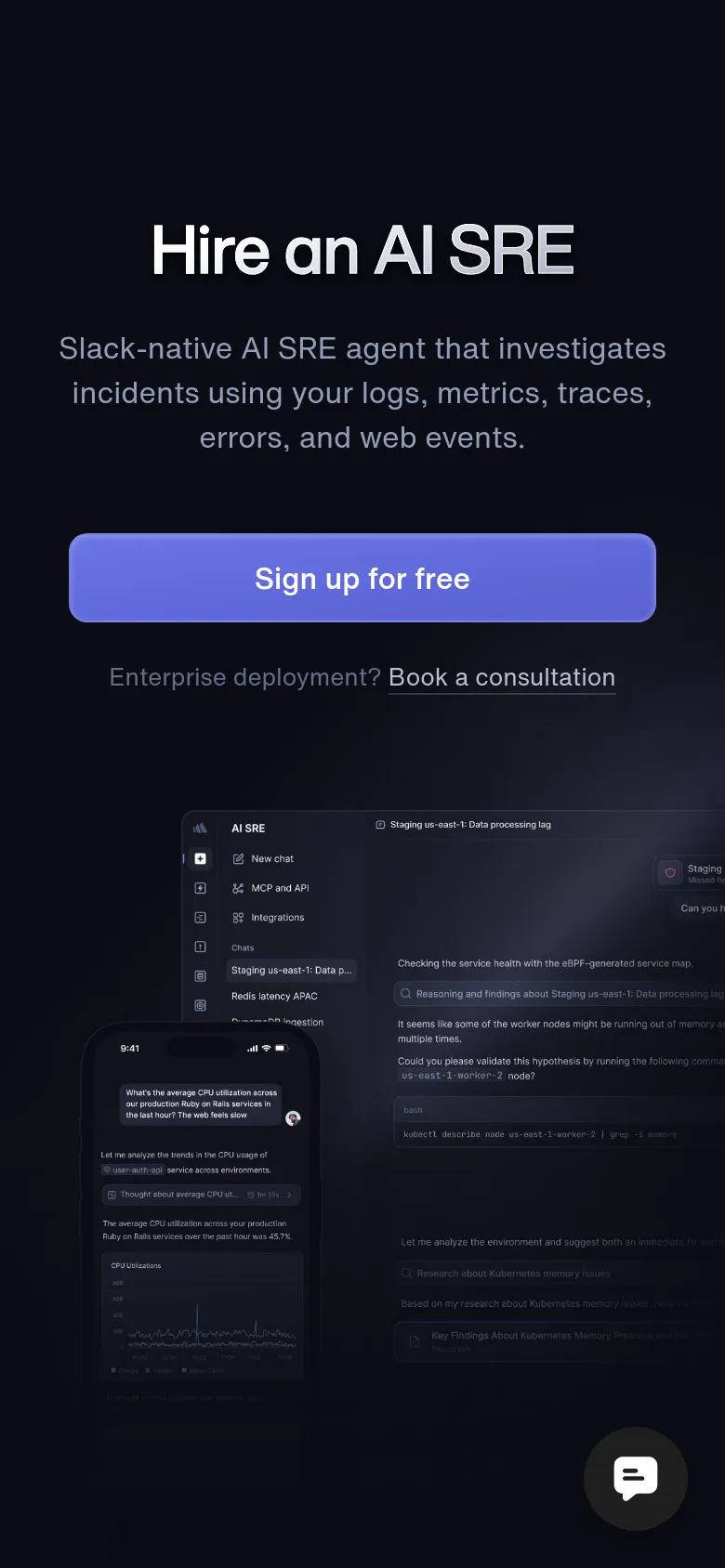 The mobile version presents a vertically stacked layout on a dark background, focusing on the large white headline and subheadline. The 'Sign up for free' button is centered and spans most of the width, followed by the enterprise consultation link. The complex background interface windows from the desktop version are removed to prioritize readability and a single-column flow.