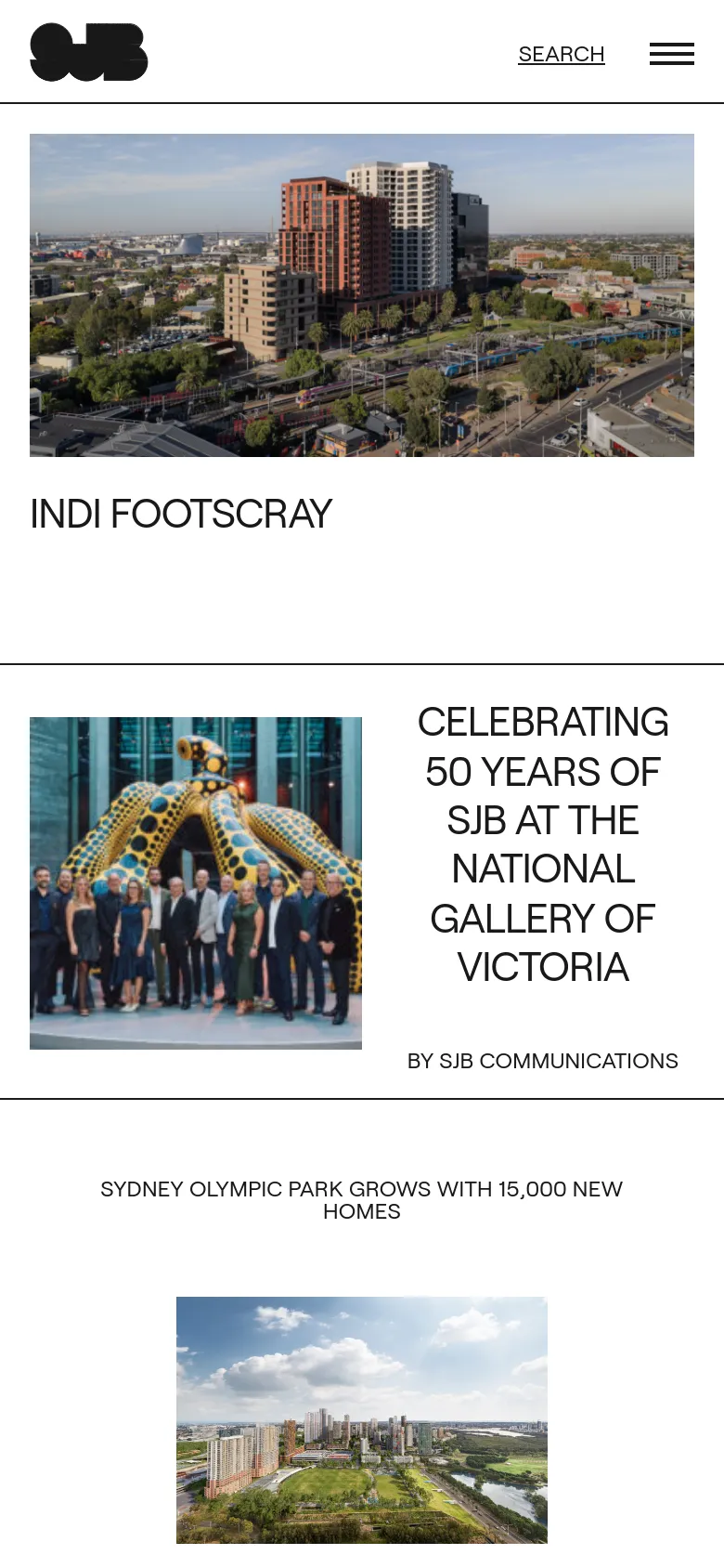 The mobile version uses a simplified layout with a prominent SJB logo and a hamburger menu icon at the top. The content is stacked vertically, beginning with a large hero image of Indi Footscray and followed by full-width image tiles for news and project updates.