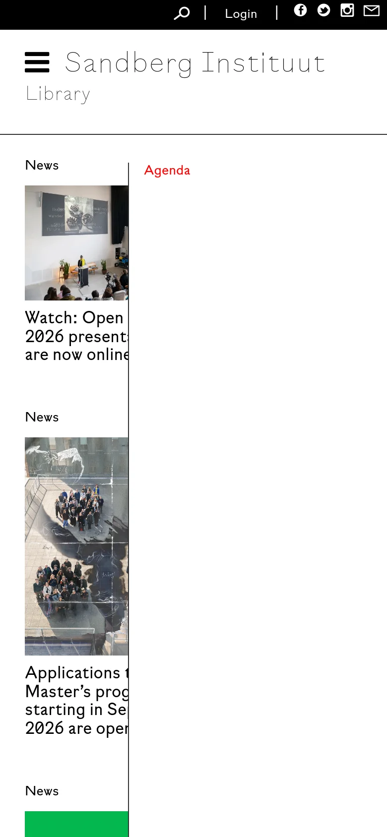 The mobile version presents a simplified, single-column view of the Library page. The header contains a hamburger menu icon, the Sandberg Instituut logo, and the word 'Library' in a large, light font. Content is stacked vertically, showing news items with large images and headlines such as 'Watch: Open 2026 presentations are now online' and 'Applications to Master's programmes starting in September 2026 are open!'