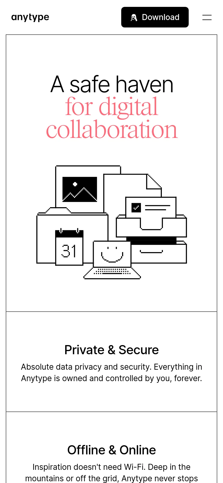 The mobile version presents a vertically stacked layout with the large 'A safe haven for digital collaboration' headline and line art illustration at the top. The navigation bar includes the Anytype logo and a prominent black 'Download' button. Feature sections like 'Private & Secure' and 'Offline & Online' follow in a single-column scrolling format.