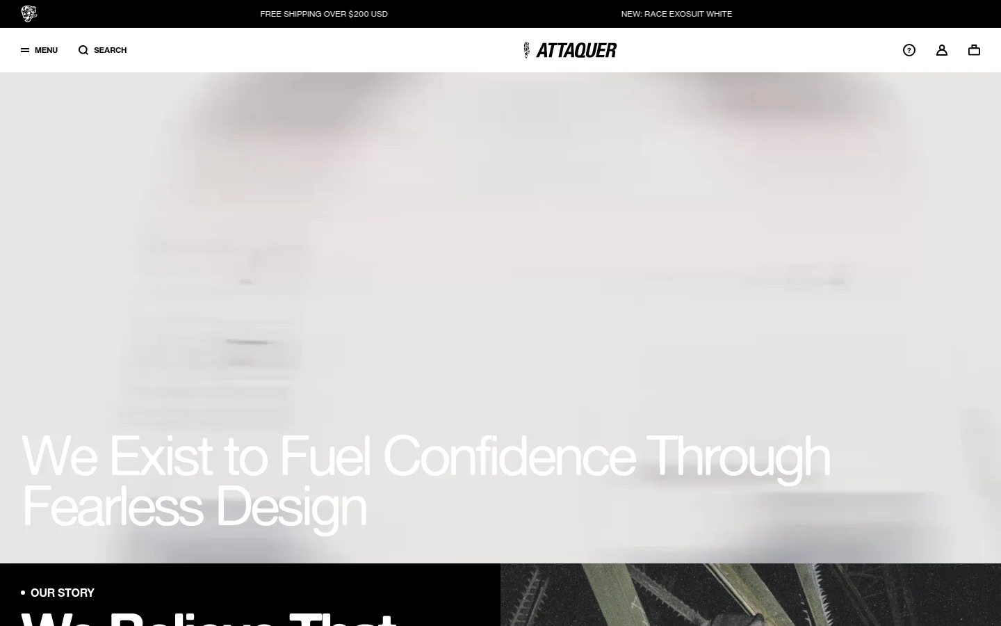 The desktop About Us page features a large, atmospheric hero image with the headline 'We Exist to Fuel Confidence Through Fearless Design' in white text. Below, the layout transitions into a clean white background with black text sections for 'Our Story' and 'Our Pillars,' interspersed with lifestyle photography and graphic dividers. The design uses a minimalist color palette of white, black, and muted photographic tones.