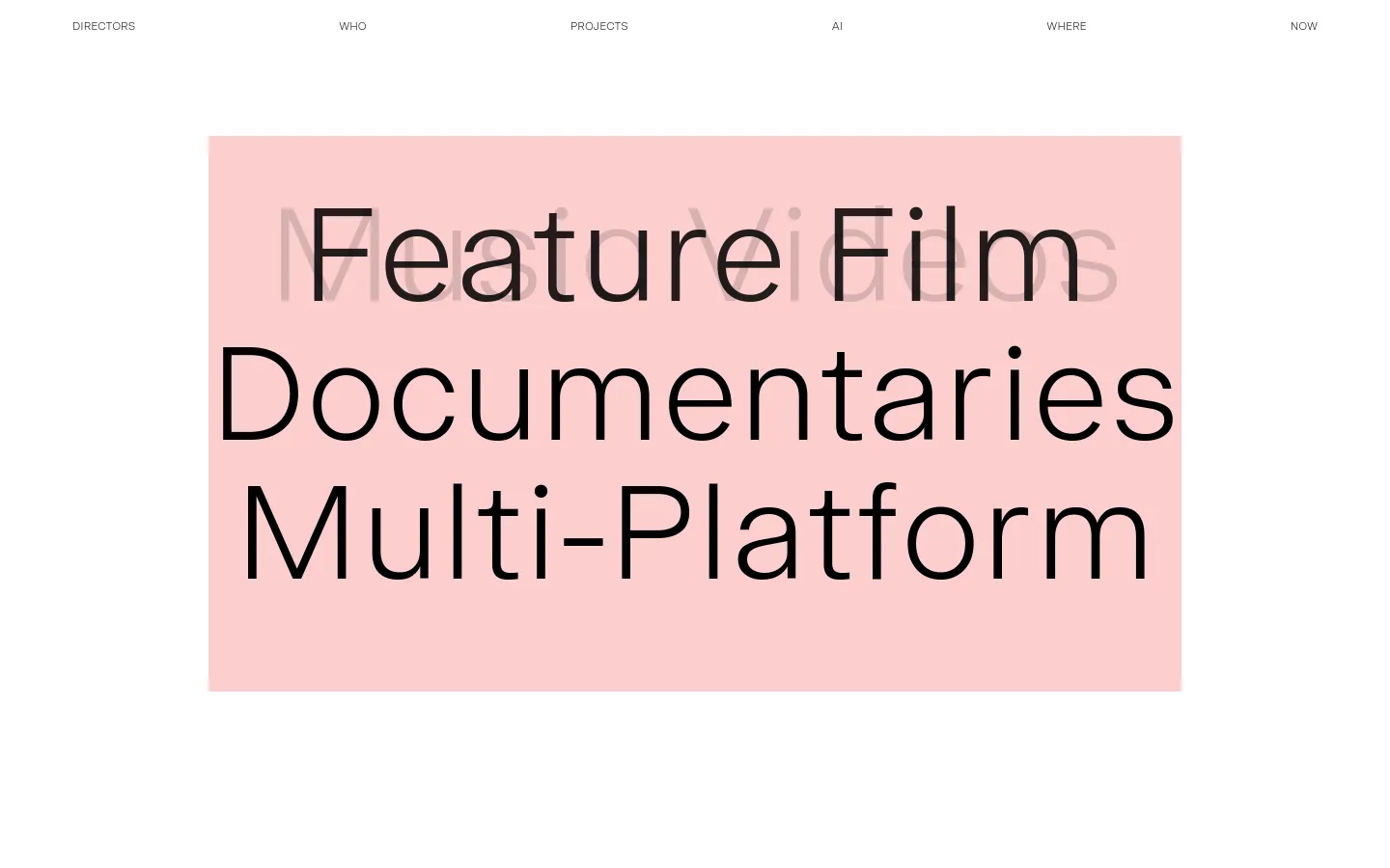 The desktop homepage features a minimalist design with a white background and a large pink hero section containing bold black text for 'Music Videos, Television, and Multi-Platform'. A clean navigation menu is at the top, followed by a grid of large, high-quality cinematic project thumbnails including 'OneDayLuma' and 'e.l.f. Cosmetics'.