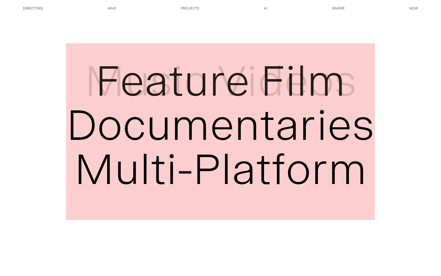 The desktop homepage features a minimalist design with a white background and a large pink hero section containing bold black text for 'Music Videos, Television, and Multi-Platform'. A clean navigation menu is at the top, followed by a grid of large, high-quality cinematic project thumbnails including 'OneDayLuma' and 'e.l.f. Cosmetics'.