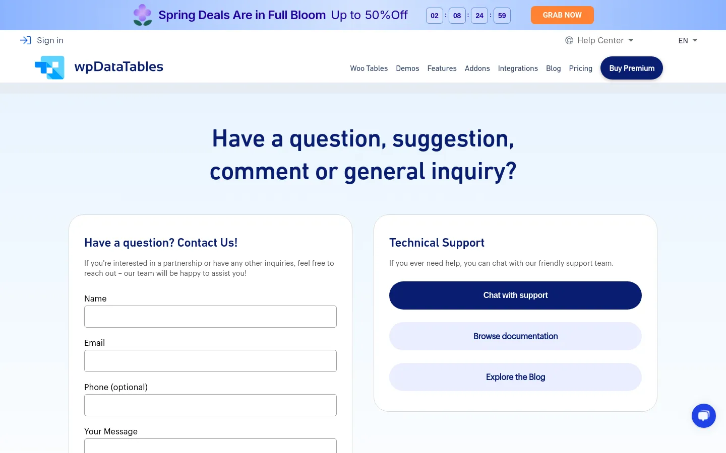 The desktop Contact Us page features a light blue background with a large dark blue headline. Below, two white cards sit side-by-side: the left card contains a contact form with fields for Name, Email, Phone, and Message, while the right card offers technical support options including buttons to Chat with support, Browse documentation, and Explore the Blog. A top navigation bar includes the wpDataTables logo, menu links, and a 'Buy Premium' button.