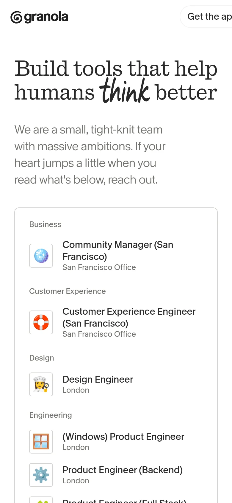 Granola careers page with a stacked layout. The hero headline and collage of images appear at the top, followed by a vertically scrolling list of job openings organized by department in a simplified single-column format.