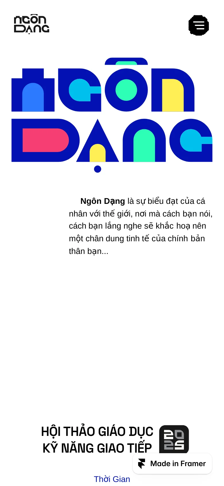 The mobile version presents a vertically stacked layout with the large, colorful 'Ngôn Dạng' logo at the top, followed by a centered introductory paragraph. The navigation menu icon is prominent, and the event details are repositioned below the main text to fit the narrow screen.