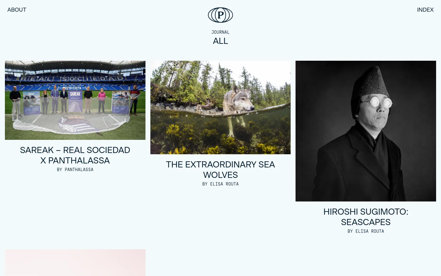 The desktop Journal page features a minimalist white layout with a centered logo and navigation links for 'ABOUT' and 'INDEX'. Below the 'ALL' heading, a grid of journal entries displays large, high-quality photographs above bold black headlines and author names, such as 'SAREAK – REAL SOCIEDAD X PANTHALASSA'.