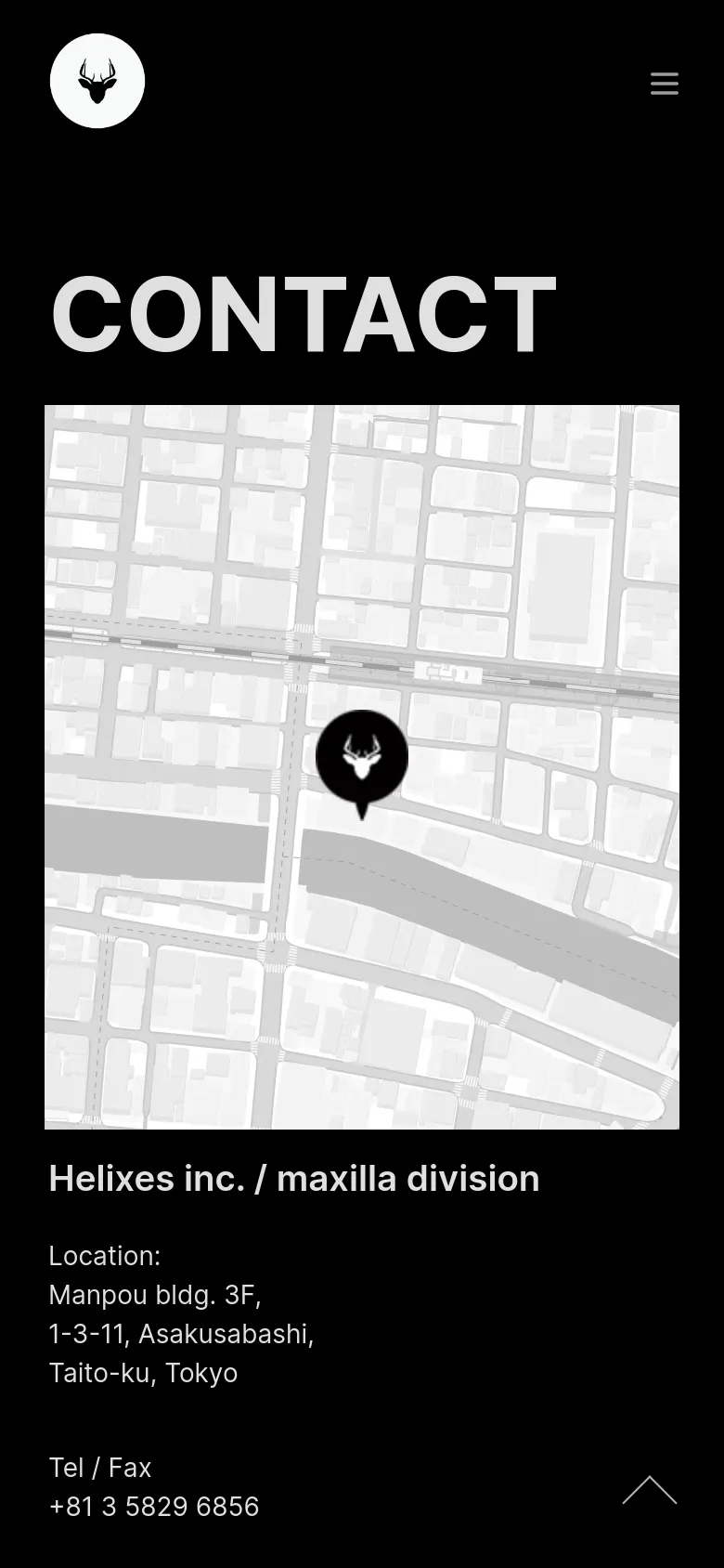 The mobile version maintains the dark theme and large 'CONTACT' headline but uses a vertical layout. The grayscale map is centered above the company name, address, and contact details, which are stacked vertically for easier reading on a smaller screen.