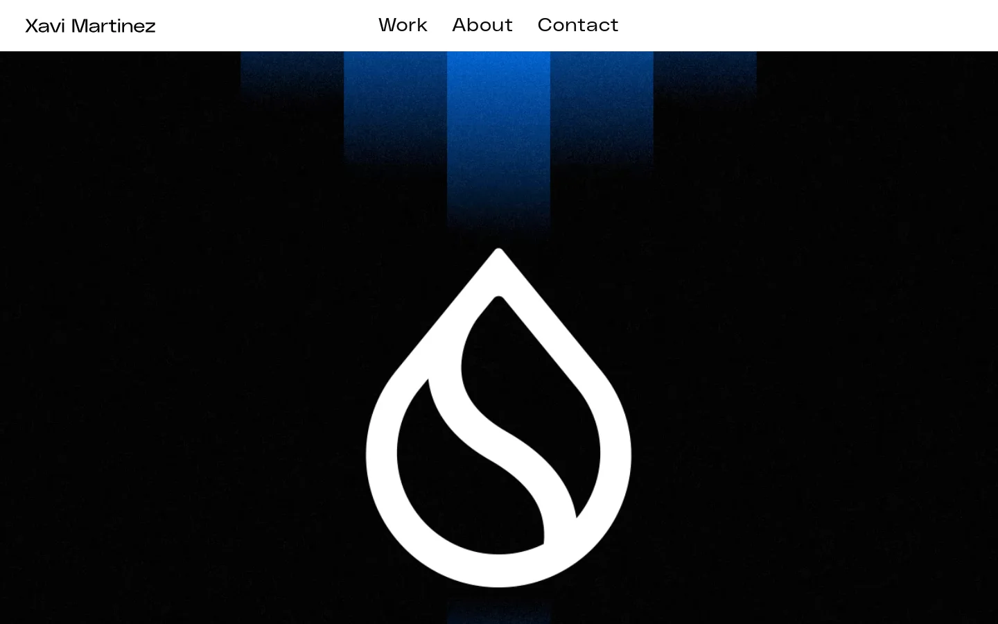 Desktop view of the Sui portfolio page featuring a dark, textured background with a large, white droplet-shaped logo in the center. A navigation bar at the top contains the name 'Xavi Martinez' on the left and links for 'Work', 'About', and 'Contact' on the right. The layout is minimalist with a high-contrast blue and black color palette.