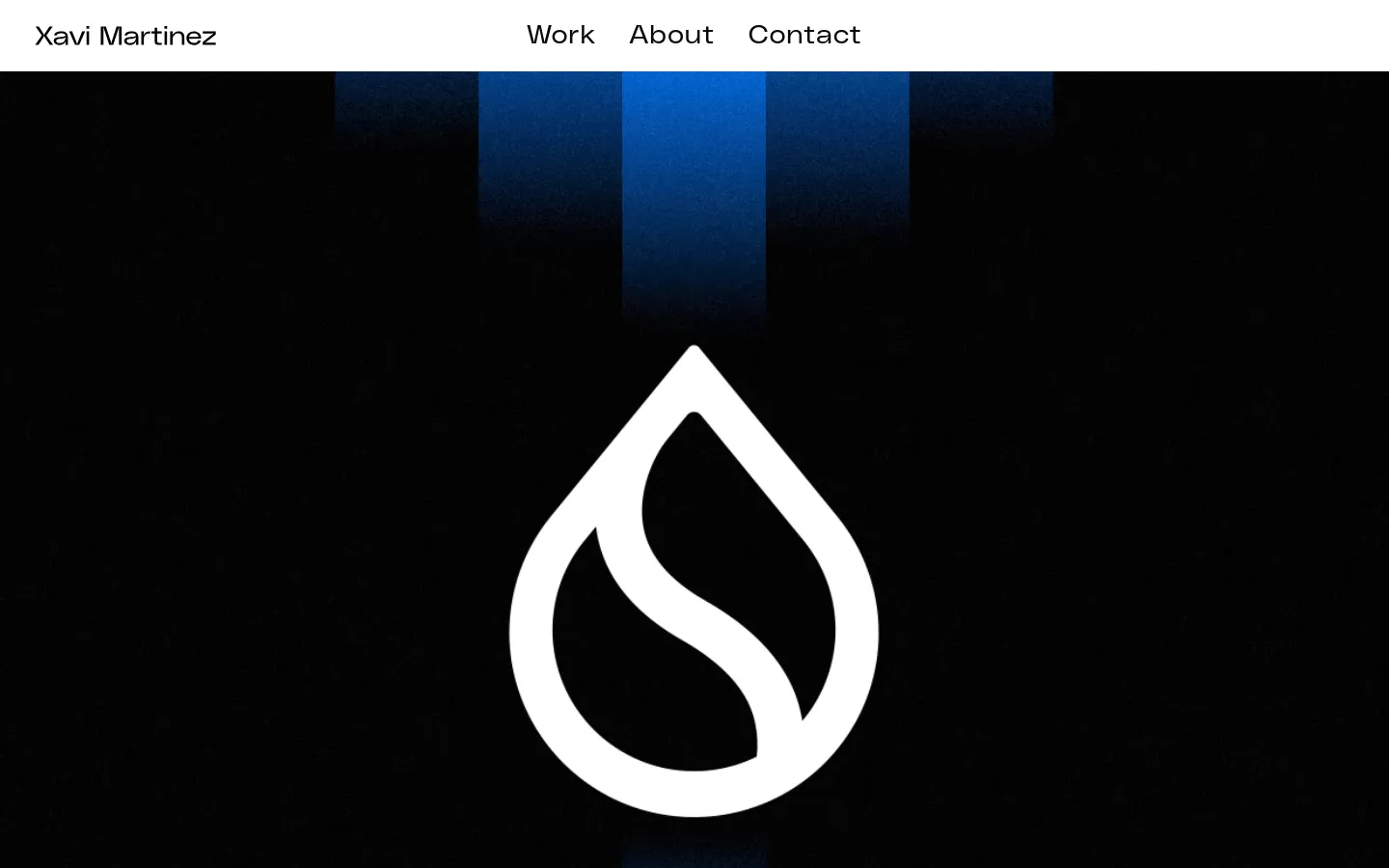 Desktop view of the Sui portfolio page featuring a dark, textured background with a large, white droplet-shaped logo in the center. A navigation bar at the top contains the name 'Xavi Martinez' on the left and links for 'Work', 'About', and 'Contact' on the right. The layout is minimalist with a high-contrast blue and black color palette.