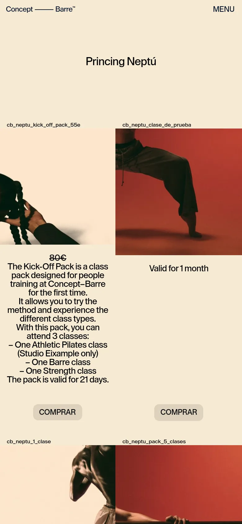 Concept Barre pricing page on mobile with a vertically stacked layout. Class packages like the Kick Off Pack and Trial Class are presented in single-column cards with large lifestyle imagery, clear pricing, and full-width buy buttons.