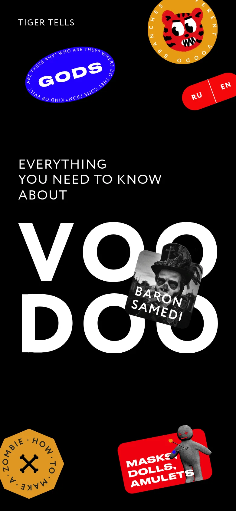 The mobile version presents a vertically stacked collage on a black background. The large 'VOODOO' text is split into two lines, and the decorative stickers—including the tiger, the blue 'GODS' oval, and the 'BARON SAMEDI' portrait—are rearranged to fit the narrow viewport. The overall playful and mysterious aesthetic remains consistent with the desktop version.