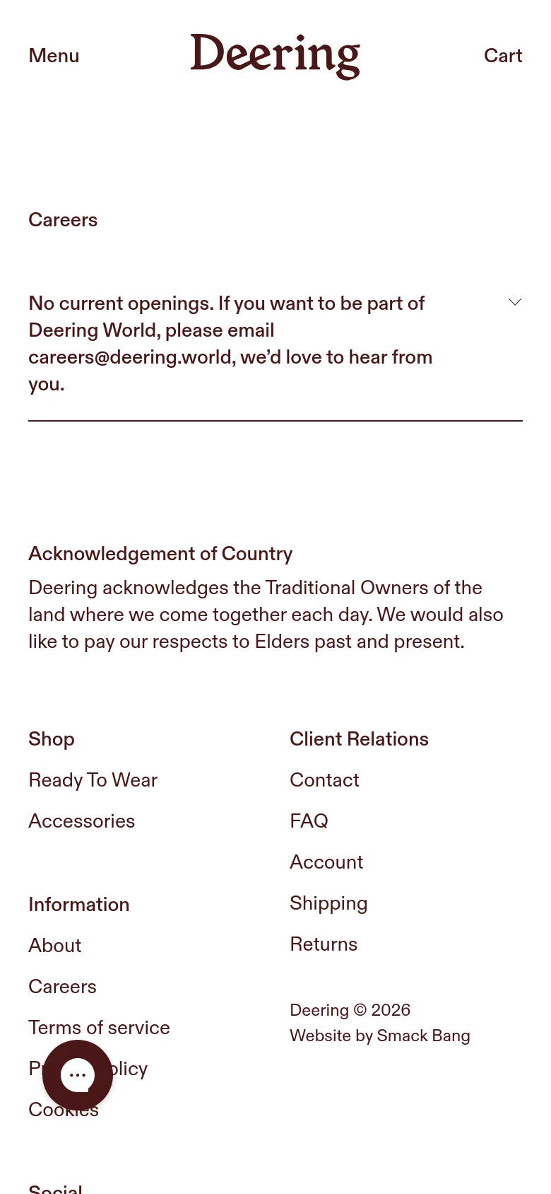 The mobile version simplifies the layout, replacing the top navigation with a 'Menu' button on the left and a 'Cart' link on the right. The central content remains the same, showing the 'Careers' heading and the text regarding no current openings. The footer is reorganized into a vertical stack of links and information, maintaining the clean, white aesthetic.
