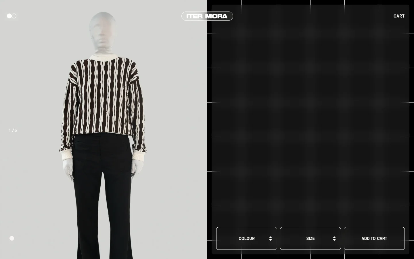 The desktop product page for the IM-0001 Quantum Knit features a large image of a mannequin wearing a black and white striped cropped top and black trousers against a light grey background. To the right, a dark, grid-patterned side panel contains product details, pricing, size selection, and an 'ADD TO CART' button. The layout is minimalist with a high-contrast black, white, and grey color palette.