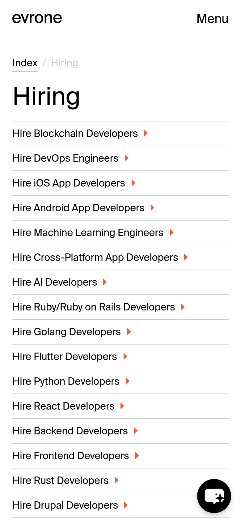 The mobile version simplifies the layout into a single vertical column of text links under the 'Hiring' headline. The top navigation is replaced by a 'Menu' button, and the three-column grid from the desktop version is stacked for easier scrolling on a small screen.