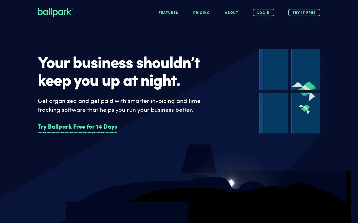The Ballpark homepage features a dark navy blue background with a hero section containing the headline 'Your business shouldn’t keep you up at night' and a teal 'Try Ballpark Free for 14 Days' call to action. To the right is a stylized graphic of a window with geometric shapes, and below is a silhouette of a person in bed. The navigation bar at the top includes links for Features, Pricing, and About, alongside Login and Try It Free buttons.