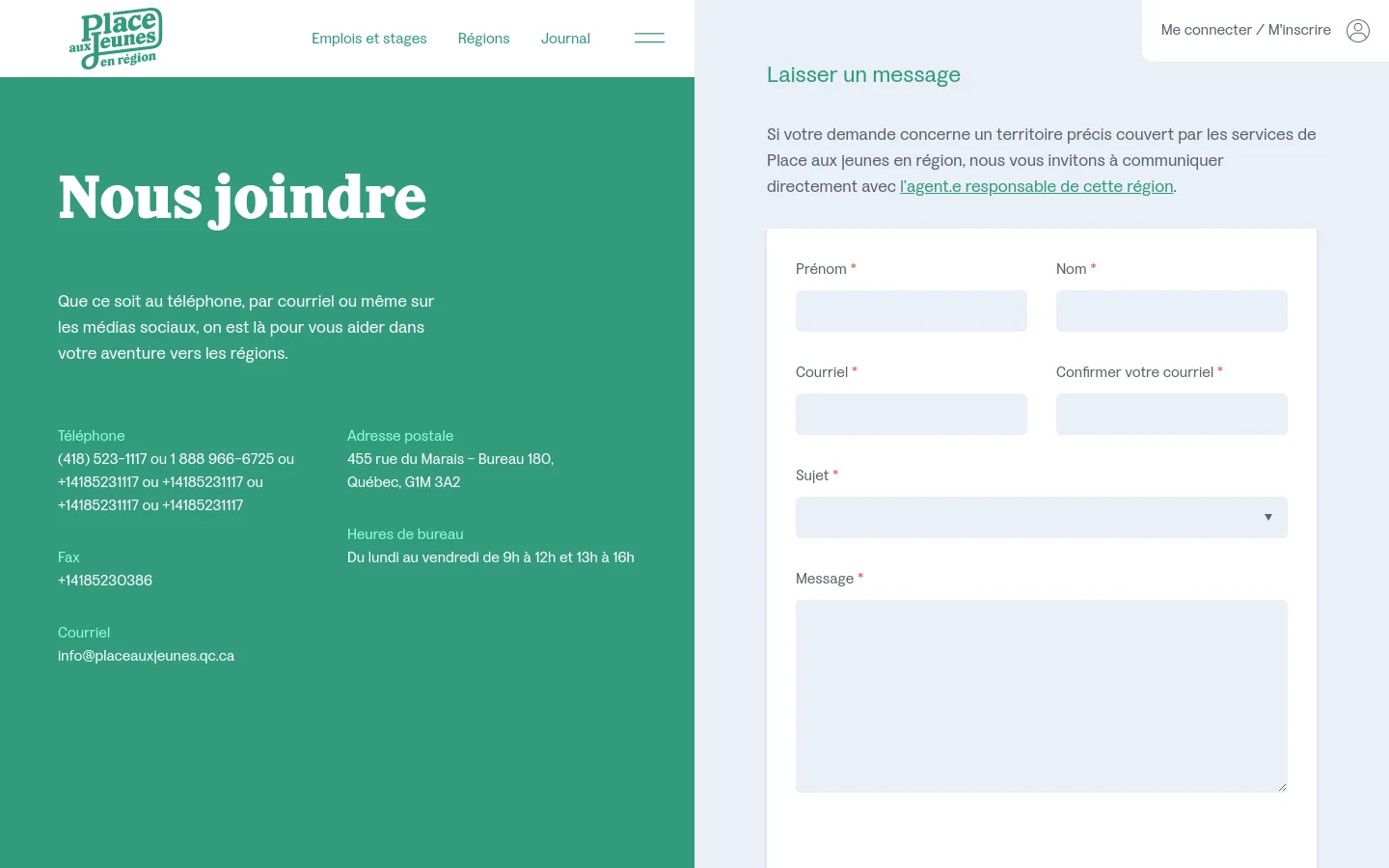 The desktop version features a split layout with a large green hero section on the left containing the title 'Nous joindre' and contact details in white text. The right side is a white contact form titled 'Laisser un message' with input fields for name, email, subject, and message. A top navigation bar includes the logo, links for jobs and regions, and a login button.