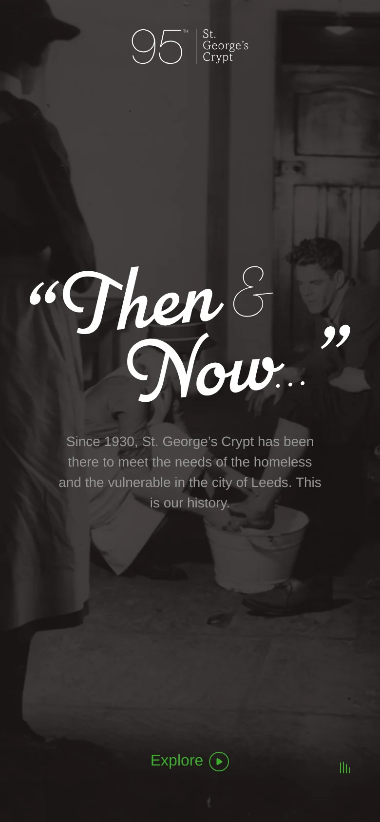 A mobile version of the landing page with a simplified vertical layout. A large black and white photograph serves as the background, overlaid with the white 'Then & Now...' headline, a brief historical summary, and a prominent green 'Explore' button at the bottom.