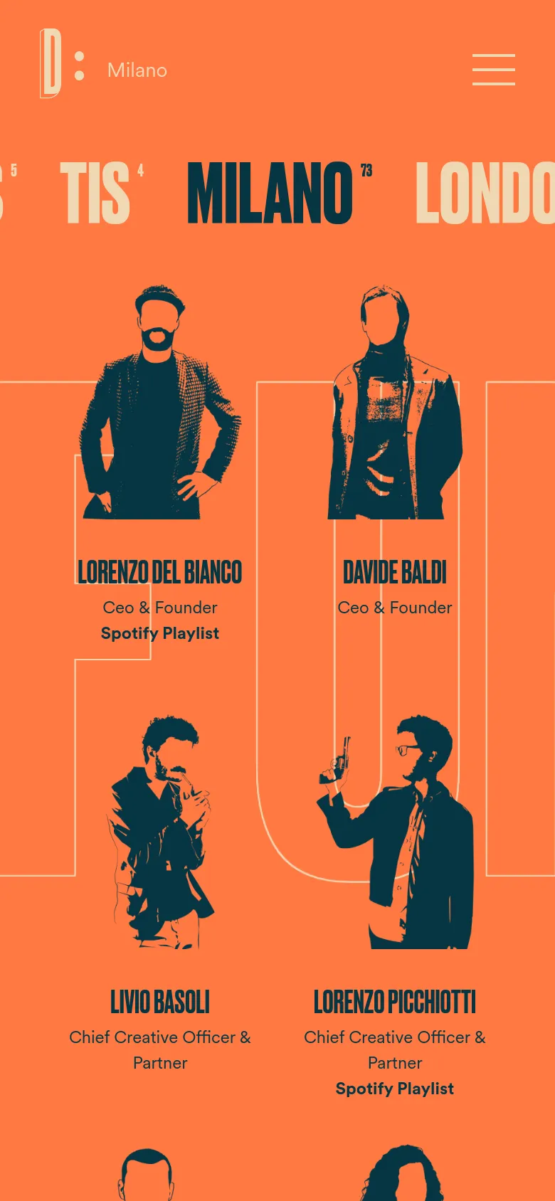 The mobile version maintains the orange background and high-contrast dark blue portraits but switches to a single-column vertical layout. The large background text is partially visible, and the navigation menu is condensed into a hamburger icon at the top right. Team member information and Spotify links are stacked vertically for easier scrolling.