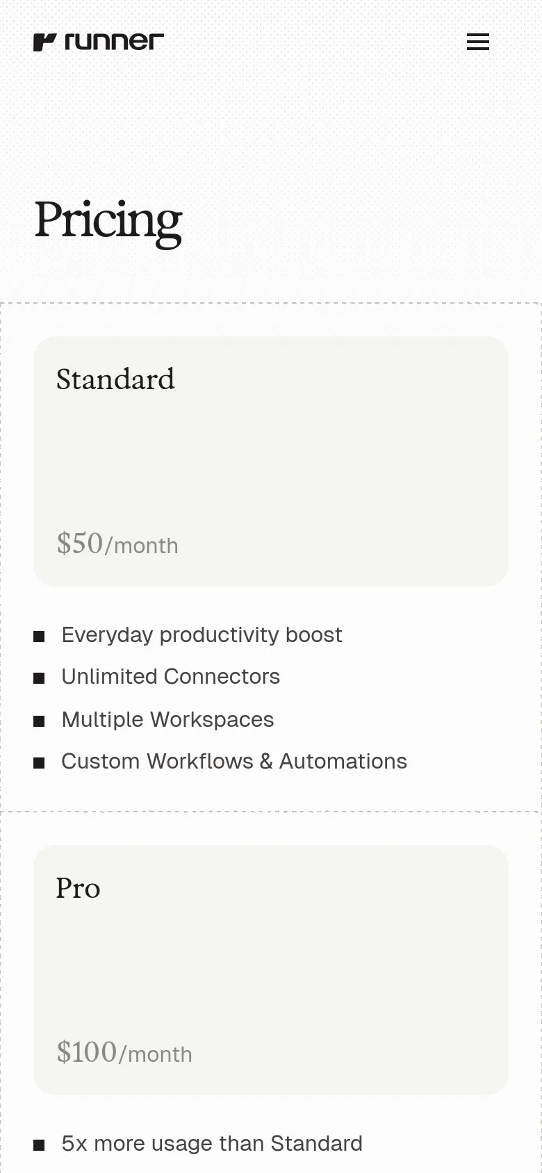 Runner pricing page with a vertically stacked layout. Plan cards for Standard, Pro, and Ultra are arranged in a single column for easy scrolling, maintaining the minimalist aesthetic and serif typography on a light textured background.