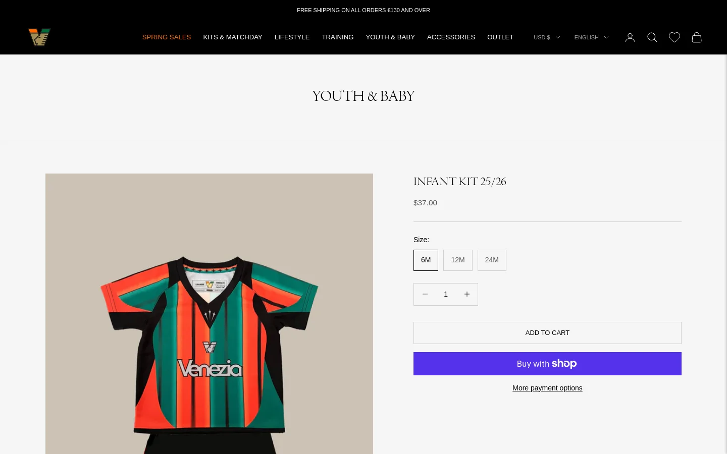 The desktop page for Venezia FC Youth & Baby features a minimalist white and light gray layout. A large hero image displays the Infant Kit 25/26, a colorful jersey with orange, green, and black stripes, positioned next to product details including price, size selection, and 'Add to Cart' buttons. The navigation bar at the top is dark with gold accents, providing links to various collections.