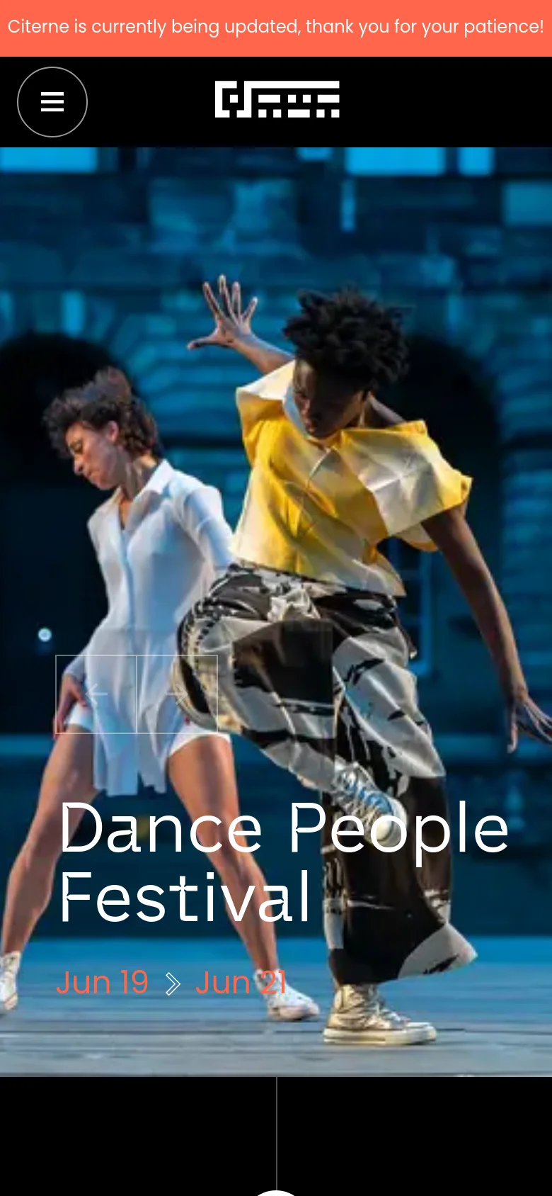 The mobile version shows a vertically cropped version of the hero image focusing on two dancers in motion. The navigation is condensed into a hamburger menu icon in the top left, and the 'Dance People Festival' headline and dates are centered over the dancers. The orange update banner remains at the top of the screen.