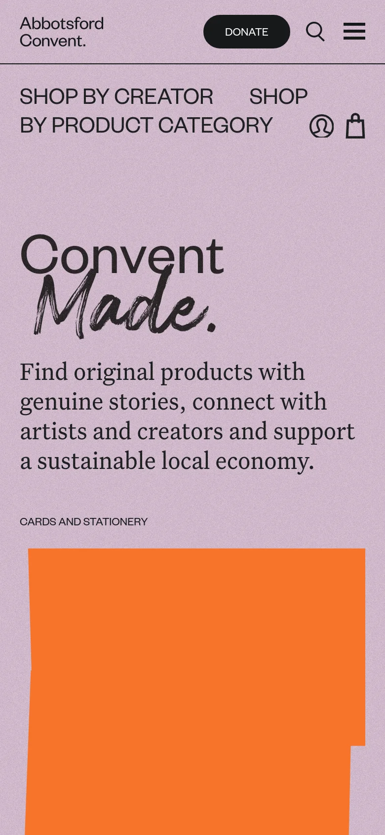 The mobile version presents a simplified vertical layout with the 'Convent Made' logo and headline prominently displayed at the top. The navigation links are condensed, and the category tiles appear as large, full-width colorful blocks in teal and orange. The header features a hamburger menu, search icon, and a donate button.