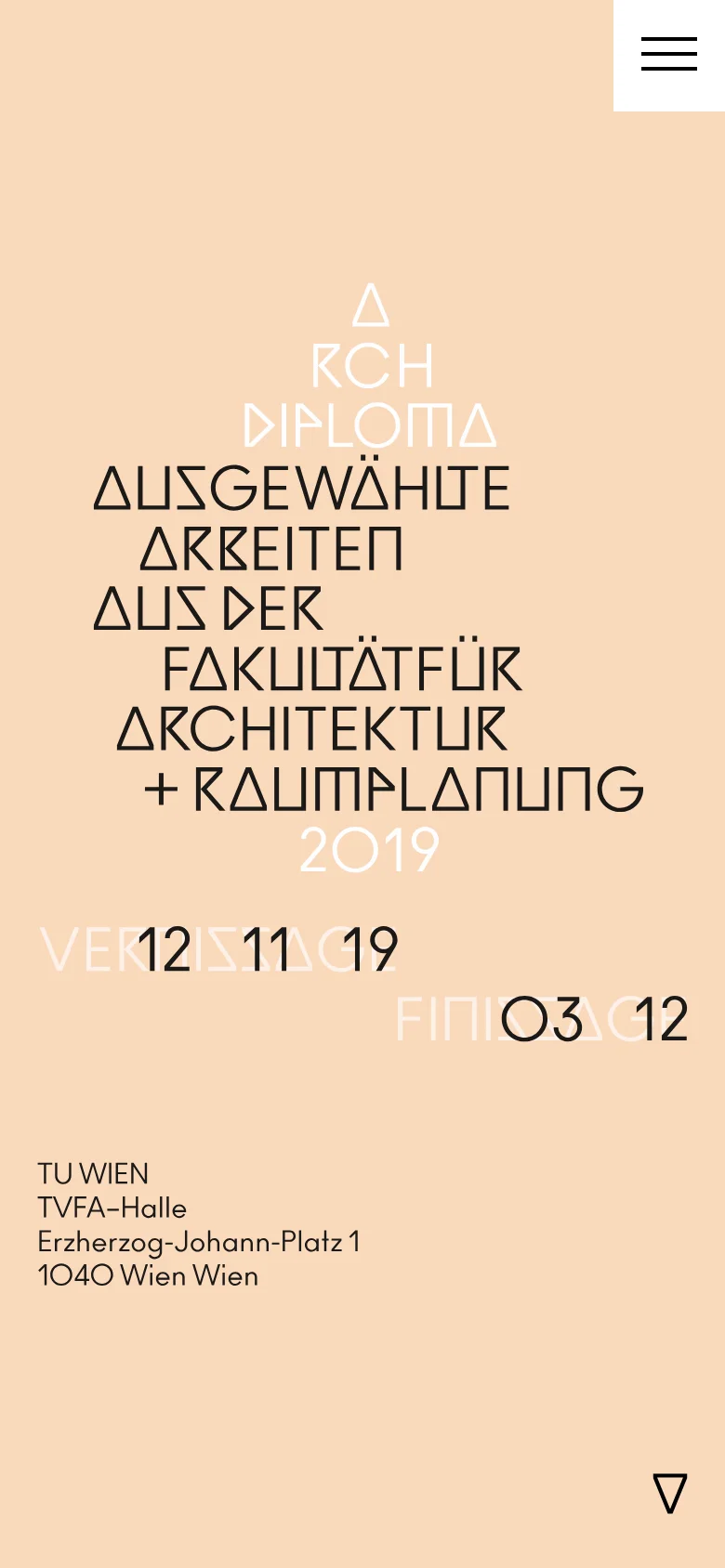 The mobile version maintains the minimalist beige aesthetic but rearranges the content into a vertical stack. The large, stylized typography is centered, and the navigation menu is condensed into a hamburger icon in the top right corner. The layout is simplified to prioritize readability on a narrow screen.