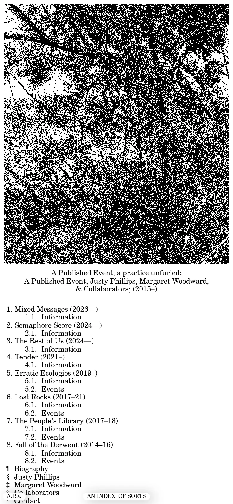 The mobile version maintains the minimalist aesthetic with a single-column layout. The large, textured black and white tree branch photograph dominates the top of the screen, followed by a vertically stacked list of project titles and descriptions in black text on a white background.