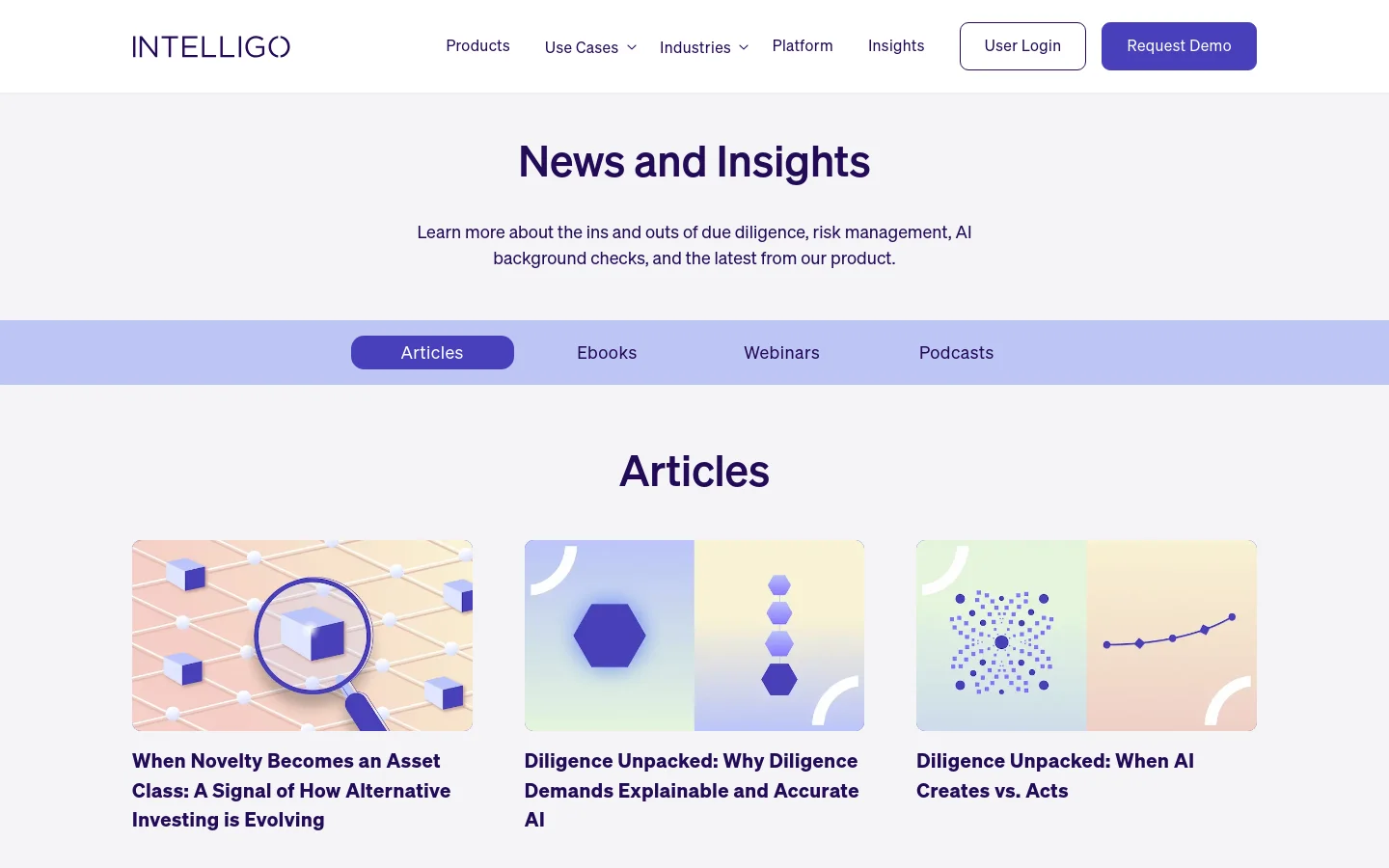 The desktop version of the News and Insights page features a clean, white and light blue layout with a centered hero section containing a headline and descriptive text. A horizontal navigation bar allows users to filter content by Articles, Ebooks, Webinars, or Podcasts. Below, a grid of articles is displayed, each featuring a large, colorful abstract graphic and a bold title.