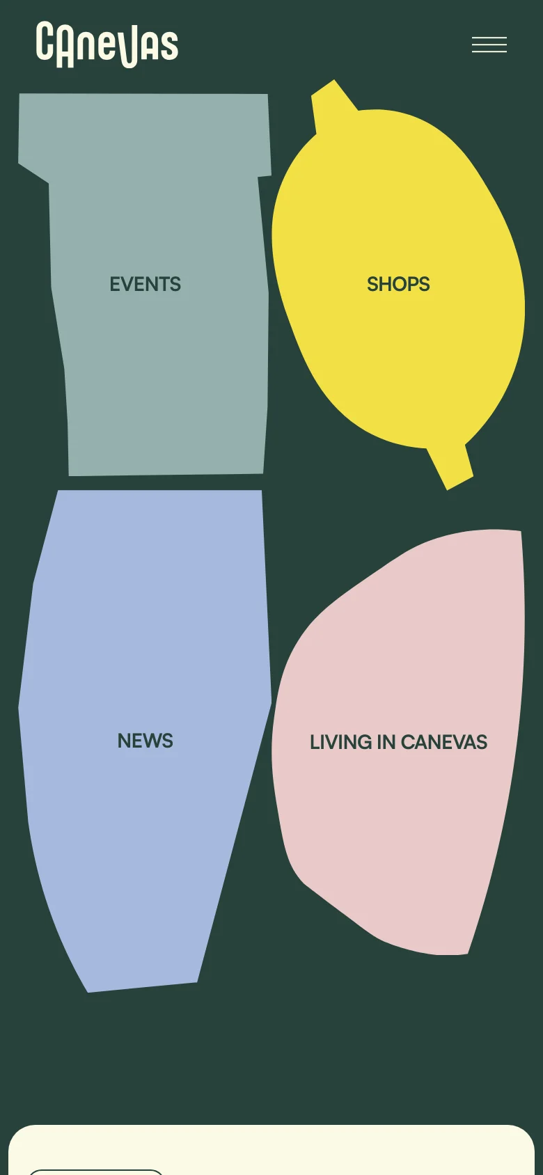 The mobile version displays the same organic, colorful shapes but in a vertical stacked layout to fit the narrow screen. The header is simplified with a hamburger menu icon next to the Canevas logo, and the large colored tiles for Events, Shops, News, and Living in Canevas occupy the full width of the viewport.