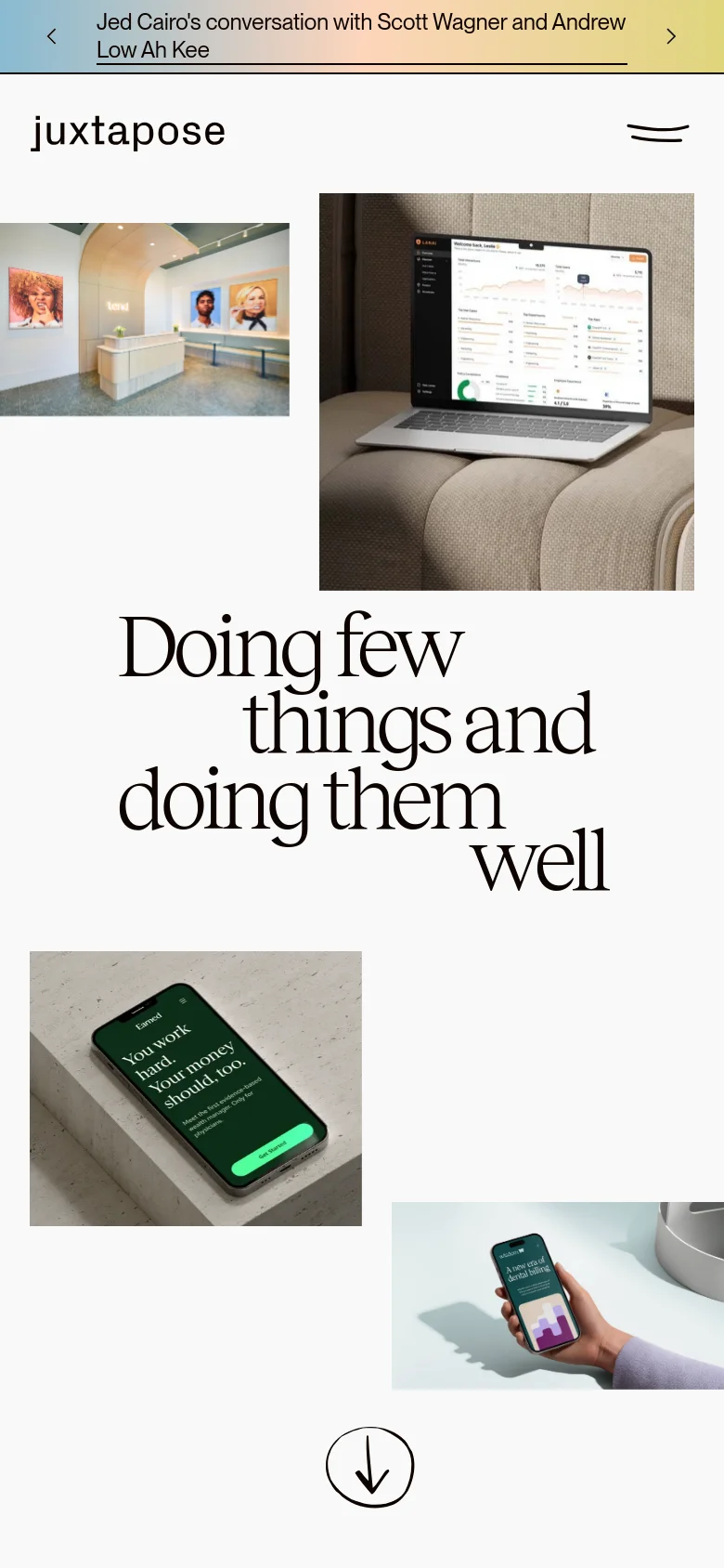 The mobile version presents a vertically stacked, single-column layout of the same content. The large serif headline is centered, followed by images of a mobile phone and an office space arranged in a sequence. The navigation is condensed into a hamburger menu, and the aesthetic remains clean with a white background and high-contrast imagery.