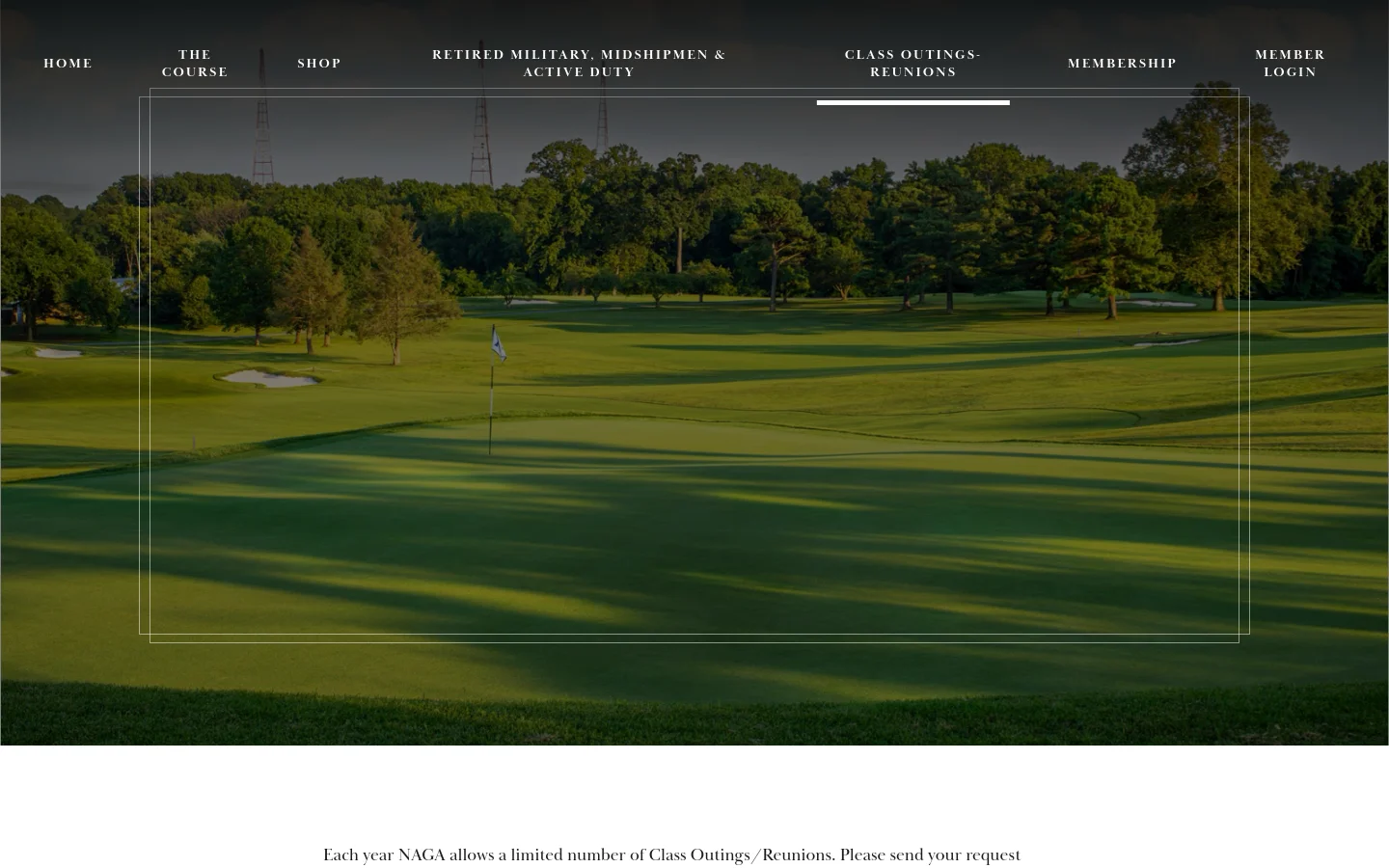 Desktop view of the Class Outings-Reunions page featuring a wide hero image of a lush green golf course at sunset. A navigation menu is positioned at the top with links like Home, The Course, and Membership, while the main content area contains a single text block regarding outing requests.