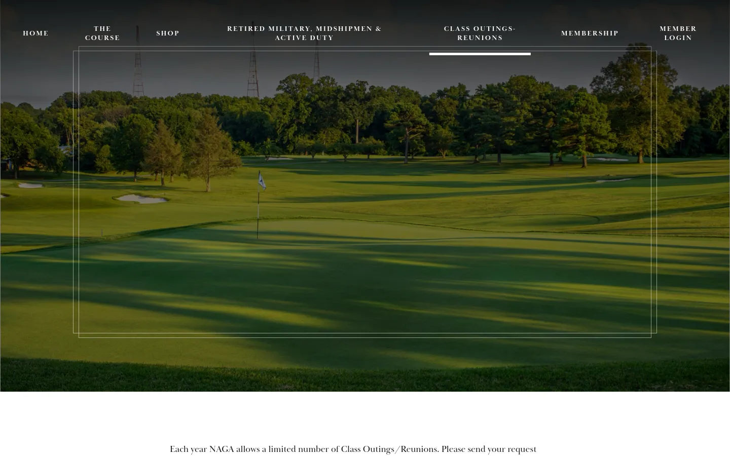 Desktop view of the Class Outings-Reunions page featuring a wide hero image of a lush green golf course at sunset. A navigation menu is positioned at the top with links like Home, The Course, and Membership, while the main content area contains a single text block regarding outing requests.