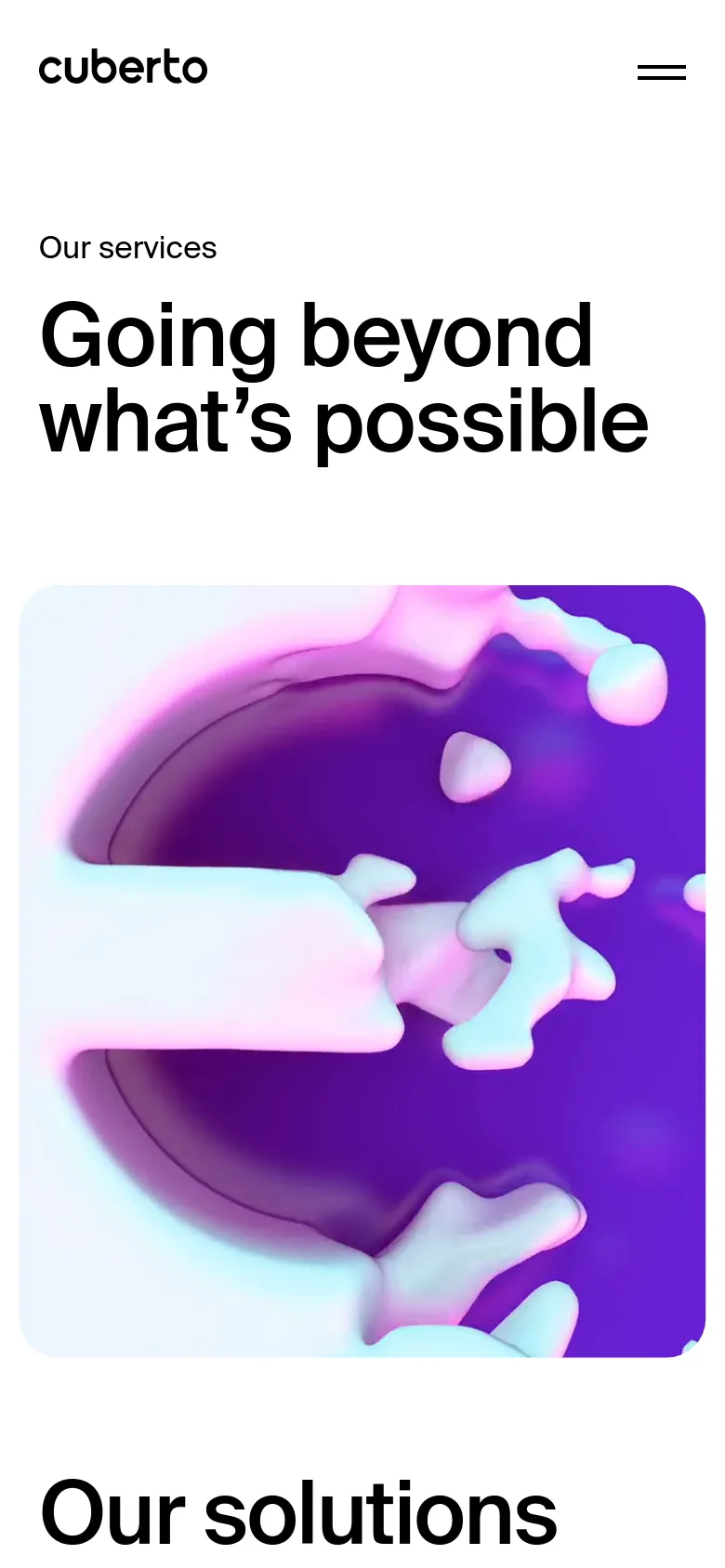 The mobile version simplifies the layout with a centered logo and a hamburger menu icon on the right. The large headline and colorful 3D abstract hero image are stacked vertically to fit the narrow screen width.